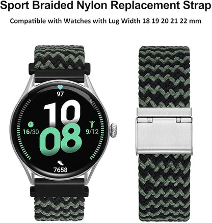 WOCCI 19mm Braided Nylon Watch Band for Men and Women, Quick Release, Silver Stainless Steel Buckle (Green Black)