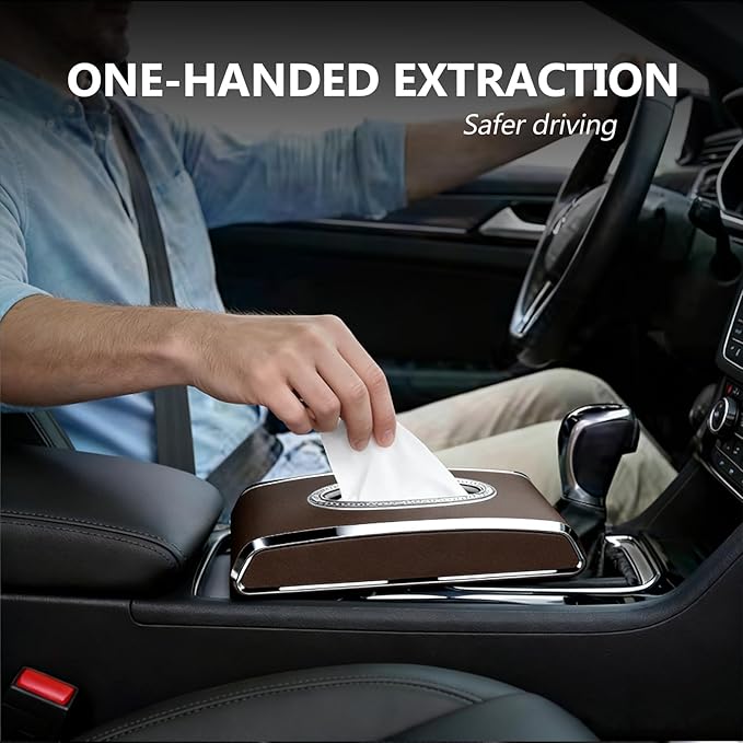 Faux Leather Car Tissue Holder for Interior, Multi-Function Tissue Box, Armrest & Back Seat Tissue Organizer, Sleek Kleenex Holder (Brown Flat)