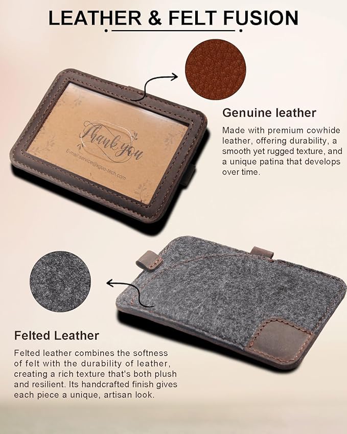 Genuine Badge Holder with Leather Lanyard, Soft Leather ID Card Holder with a Detachable Metal Clip, Clear Window, 2 Card Slots for Office & School IDs, Work Name Cards (Deep-Coffe 03)