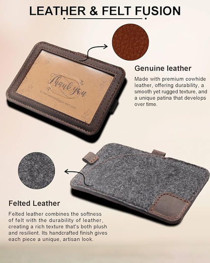 Genuine Badge Holder with Leather Lanyard, Soft Leather ID Card Holder with a Detachable Metal Clip, Clear Window, 2 Card Slots for Office & School IDs, Work Name Cards (Deep-Coffe 03)