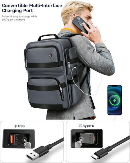 Work Laptop Backpack for Men 17in, USB-C Port Carry On Backpack with Patented Adjustable Width Straps, TSA Dual Laptop Compartments Backpack Travel, Waterproof Business Backpack for Professional, Grey