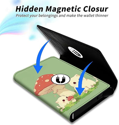 Mushroom Cat Minimalist Wallet for Men, Pop Up Card Case Wallet for Women, PU Leather Automatic Credit Card Holder Metal Money Clip Wallet RFID Blocking Bifold Pocket Wallet