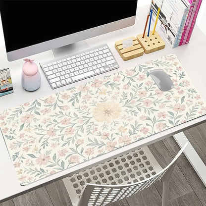 Soft Aesthetic Pastel Floral Desk Mat, Gentle PU Leather Desk Pad - Large Non-Slip Office Mat for a Calm & Stylish Gaming & Home Workspace（31.5 * 15.75in）
