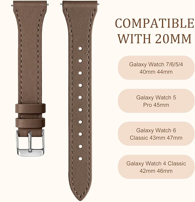 GEAK Slim Leather Band Compatible with Galaxy Watch 7 Band/6 5 4 FE 40mm 44mm/5 pro 45mm/Classic/Galaxy Active 2, 20mm Genuine Leather Strap with Quick Release Buckle for Samsung Watch Bands Women