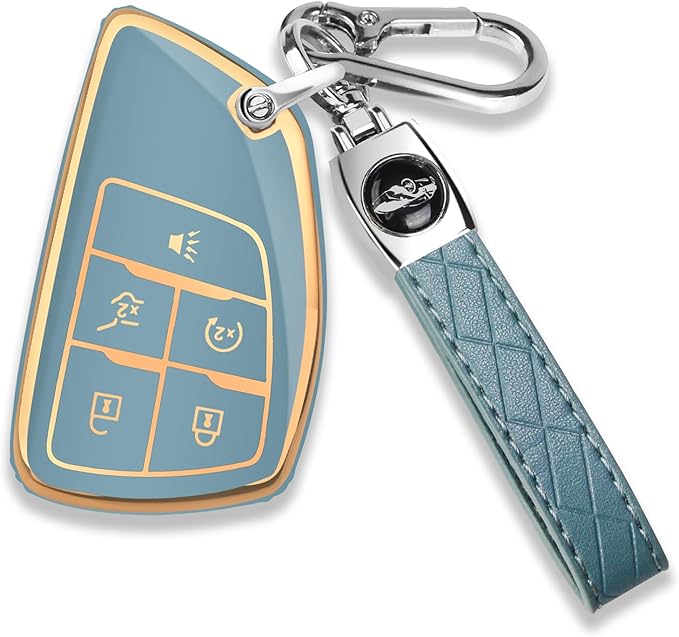 QBUC for Chevy Key Fob Cover with Keychain Soft TPU Protection Case Compatible with 2021-2026 Chevy Equinox Blazer Tahoe Suburban GMC Yukon Denali Silverado 5-Buttons(Gold Trim Blue)