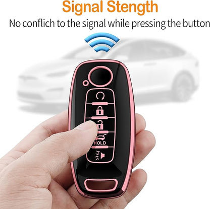 Sindeda for Nissan Key Fob Cover with Keychain Soft Full Protection Key Shell Key Case Compatible with 2023 2024 2025 Pathfinder Kicks Rouge(Pink, 5 Buttons)