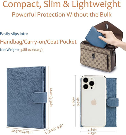 Leather RFID Blocking Passport Holder for Travel Women – Multiple Slim Passport Wallet for Women with Card Slots, Zippered Coin Pocket & Travel Passport Cover Case Gift Ready– Denim Blue