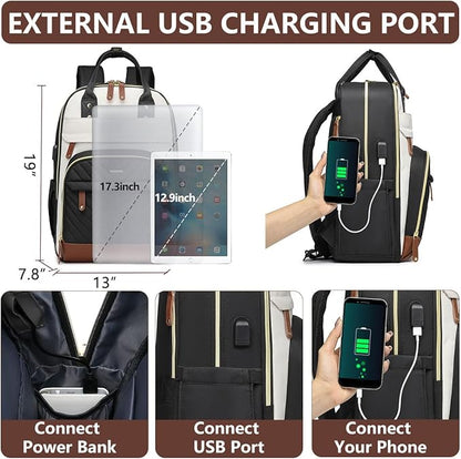 Laptop Backpack for Women College Bookbag - 17.3 Inch Fashion Travel Work Bag with USB Charger Anti-theft Business Backpacks for Nurse Teacher Beige Black Brown