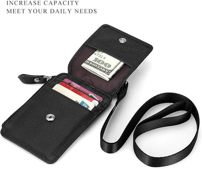 Badge Holder with Zipper Genuine Leather RFID Keychain Wallet Neck Lanyards with Swivel Hook for Card/Coin/Cash, Black