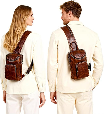 Thick Crazy horse Leather Triangle Crossbody Sling Chest Bag Travel One Shoulder Bag Daypack For Men Male 3028