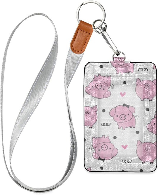 Moudou Pig ID Badge Holder with Lanyard, Vertical Leather ID Badge Card Holder for Office Staff, School Teacher and Student