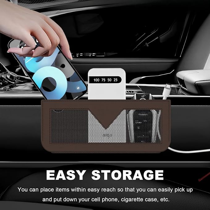 Car Sunglasses Case, PU Leather Pocket Self-Adhesive Storage Pouch for Vehicle Door Window Console, Multifunctional Vehicle Interior Organizer for Glasses Phones Wallets Keys (Brown)