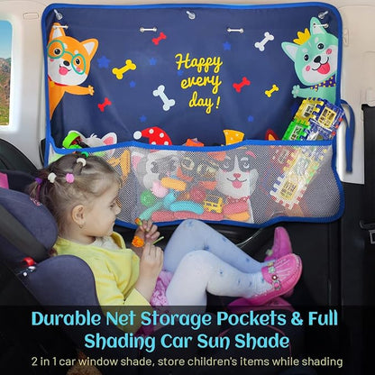 DIZA100 2 Pack Car Window Shade for Baby, Blackout Car Sun Shades with Storage Pockets, 7 Suction Cups, Blue, Cute Patterns for Sun/Heat/UV Rays Protection, Standard Passenger Cars