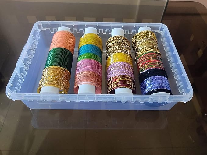 Multipurpose Plastic Storage Box with 4 Adjustable Rods l Storing Box For Bangles, Chuda, Kada, Watches, Scrunchies I (Transparent_Big_4-Rod)