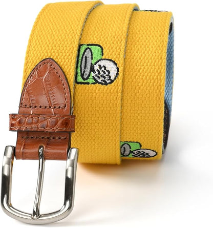Mile High Life Golf Belts for Men, Canvas Belt with Genuine Leather Tips, Embroidered 2 Layer Web Belt with Pin Buckle