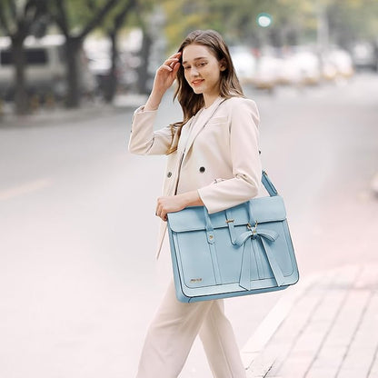 MOSISO Laptop Bag for Women, 13-14 inch PU Leather Laptop Shoulder Bags Convertible Backpack, 13.3 inch Messenger Bags Casual Handbag Work Briefcase Travel Computer Bag with Bowknot, Air Blue