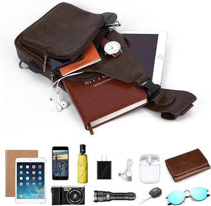 Seoky Rop Men's Vintage Leather Sling Bag Shoulder Crossbody Bag with USB Charge Port Casual Pack Dark Brown