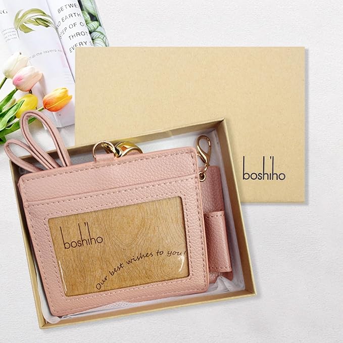 Office Badge Holder - Boshiho Genuine Leather Credit ID Card Holder with Stretch Neck Lanyard and Pen Clip, Gift Box (Horizontal-Pink)