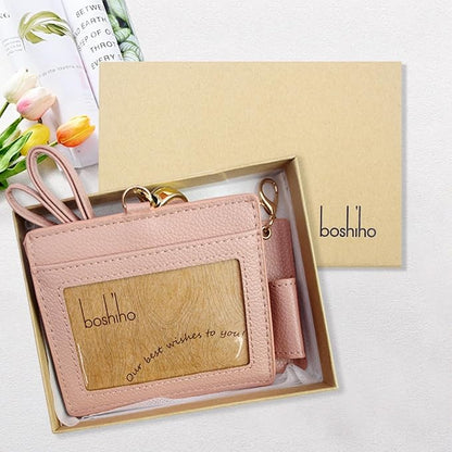 Office Badge Holder - Boshiho Genuine Leather Credit ID Card Holder with Stretch Neck Lanyard and Pen Clip, Gift Box (Horizontal-Pink)
