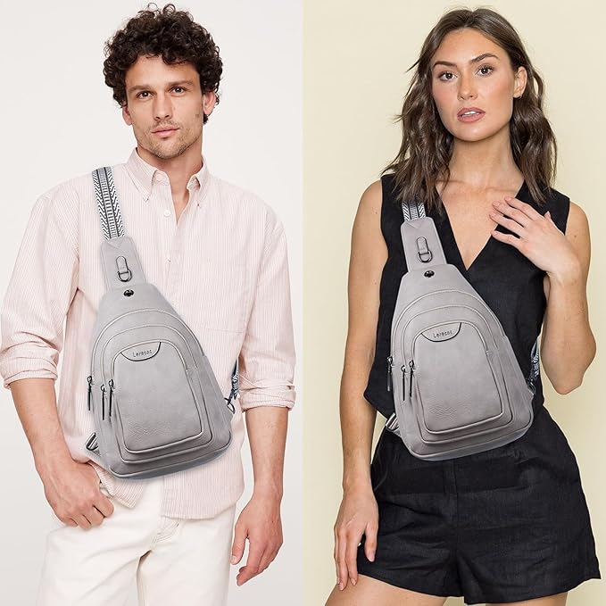 Leresas 10L Crossbody Sling Bag for Women Men Anti Theft Cross Body Fanny Pack Belt Bag Purse Gifts for Women Faux Leather, Light Grey