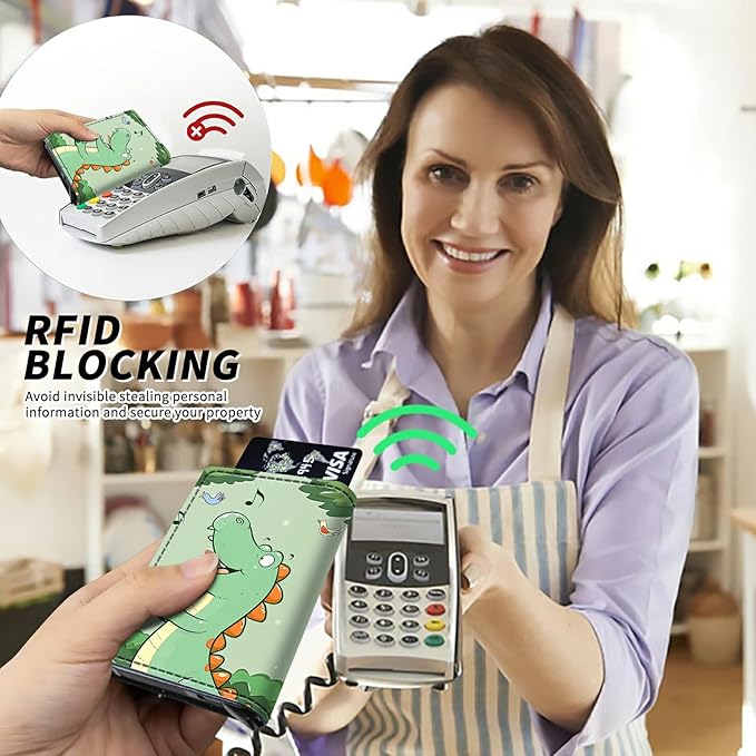 Green Dinosaur Minimalist Wallet for Men, Pop Up Card Case Wallet for Women, PU Leather Automatic Credit Card Holder Metal Money Clip Wallet RFID Blocking Bifold Pocket Wallet