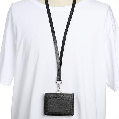 MECCANIXITY ID Badge Holder with Lanyard, PU Leather Horizontal Magnetic Folded 5 Card Slots Clear Window for Office, Black