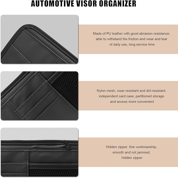 Car Sun Visor Organizer, PU Leather Multi-Pocket Visor Storage Pouch with Zipper, Auto Interior Document Holder Sunvisor Card Sleeve Pocket Organizer for Driving License Pen Key (Black)