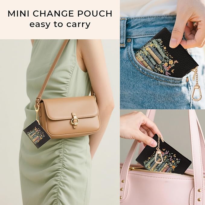 Book and Flower Keychain Coin Purse for Women, Small PU Leather Change Pouch, Zipper Little Tiny Travel Wallet for Girls, Cute Kawaii Zip Pocket Coin Holder with Key Ring