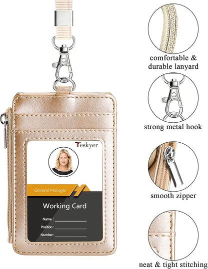 Teskyer Badge Holder with Side Zip Pocket, Multiple Card Slots Leather ID Holder Wallet with Neck Lanyard for Office Staffs, Teachers/Students, Couriers, Workers, Gold