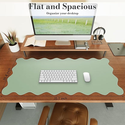 iCasso Leather Desk Pad,Extra Large Mouse Pad for Laptop,Cute Scalloped Nail Table Mat for Women Girl,Non-Slip Keyboard Mat Green,Waterproof PU Desk Cover Mat for Office Home Dorm Travel