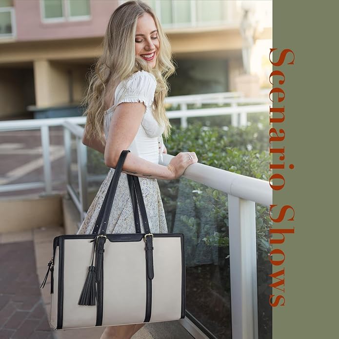 ECOSUSI Laptop Bag For Women 15.6 Inch Work Tote Bags PU Leather Computer Purse For Business Office With 3 Layer Compartments