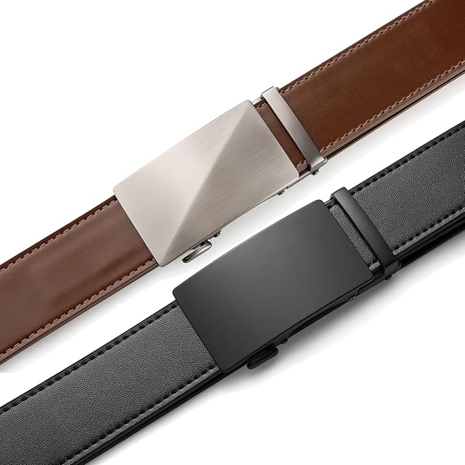 Founders & C Mens Belt 2 Pack,Leather Ratchet Click Belt Dress with Slide Buckle 1 3/8" in Gift Set Box- Size Adjustable