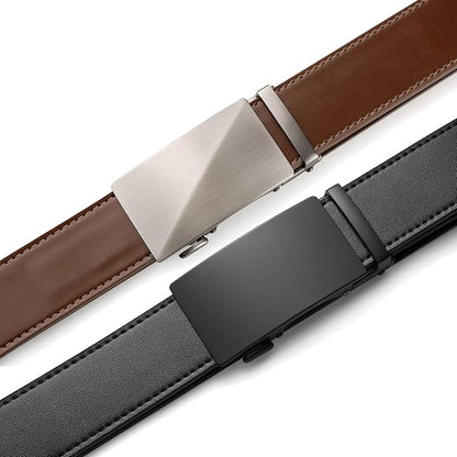 Founders & C Mens Belt 2 Pack,Leather Ratchet Click Belt Dress with Slide Buckle 1 3/8" in Gift Set Box- Size Adjustable