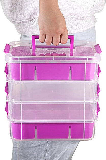 JUXYES 4-Tiers Stack Carry Storage Box With 2 Divided Tray, Transparent Stackable Storage Bin With Handle Lid Latching Storage Container for School & Office Supplies, Purple