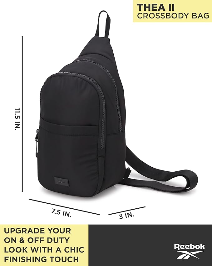 Reebok Unisex Crossbody Sling Bags – Compact Convertible Strap Cross Body Bag Travel Sling Bag - Gym & Travel Essential, Thea II Black