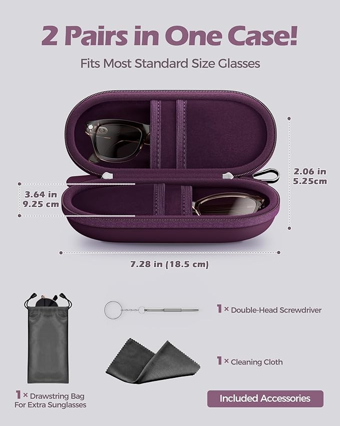 ProCase Double Sunglasses Case, Hard EVA Shell Shockproof Dual Eyeglass Case for Men Women with Metal Hook and Velvet Lining, Travel Zipper Glasses Holder Organizer for Couple Gifts -Plum