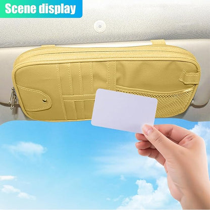 ZIMISI Car Visor Organizer, Double Zipper Sunglass Holder with Elastic Bands, PU Leather Car Storage Holder, Multi-Pocket Storage Pouch, Sun Visor Organizer for Most Cars (Beige)