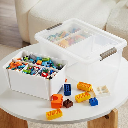 MACOPRO 17QT Craft Storage Box with 2 Removable Caddy Trays, Clear Stackable Plastic Organizer with Lid for Art Supplies, Beads, Sewing Tools, Pens & Kids Toys (White, 1Pack-2-in-1)