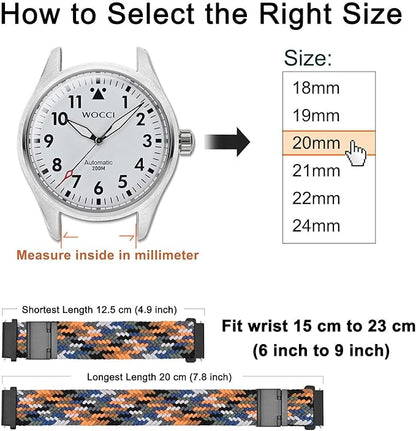 WOCCI 24mm Braided Nylon Watch Band for Men and Women, Quick Release, Black Stainless Steel Buckle (Camo)