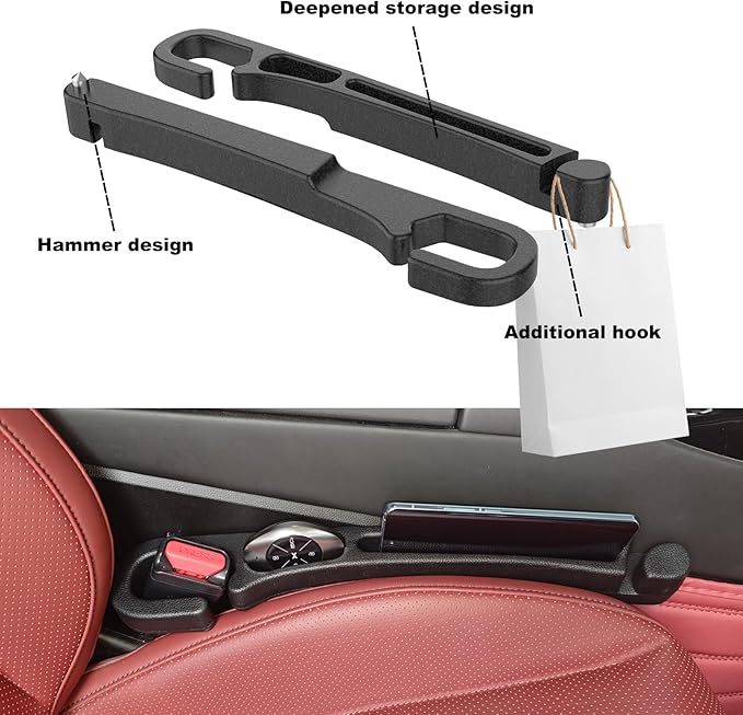 2 Pack Car Seat Gap Filler with Storage, Organizer, Hook & Emergency Glass Breaker, Universal for Cars Trucks SUVs, Stop Items from Falling
