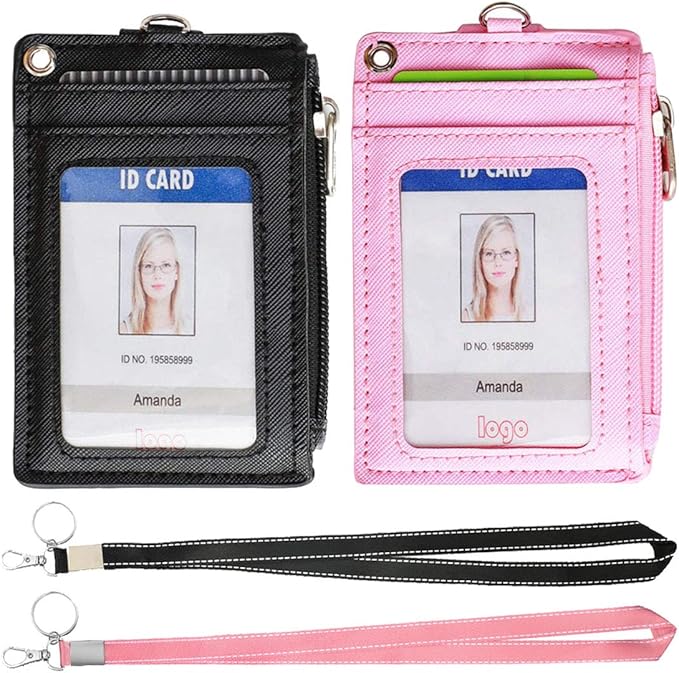 HASFINE 2 Pack ID Badge Holder with Lanyard,2 Sided 5 Card Slots ID Card Holder Wallet with PU Leather Zipper Pocket and Detachable Keychain Lanyard for Teens Men Women(Black & Pink)