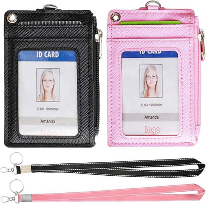 HASFINE 2 Pack ID Badge Holder with Lanyard,2 Sided 5 Card Slots ID Card Holder Wallet with PU Leather Zipper Pocket and Detachable Keychain Lanyard for Teens Men Women(Black & Pink)
