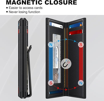 Wallet for Men 14-16 Cards, Minimalist Men Leather Wallet, Men's Front Pocket Bifold Wallets with Money Clip, Slim Thin Card Holder RFID Blocking Bill Folder & Magnetic Closure, Gifts for Men, Black