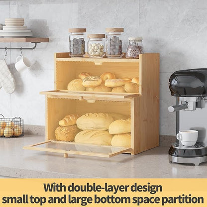 Double Layer Bamboo Bread Box for Kitchen Counter,Bread Holder,Countertop Bread Storage with Window (Natural)