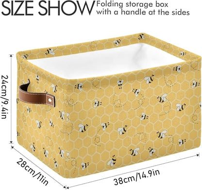 Cute Animal Bee Square Storage Basket Bin Canvas Fabric Compressible Organizer Basket with Handle for Bedroom Nursery Office, 1PCS