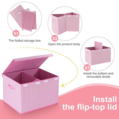 Mayniu Extra Large Toy Box Chest with Dividers, 120L Sturdy Toy Storage Organizer Bin Boxes Basket for Kids, Boys, Girls, Living Room, Nursery, Bedroom, Playroom (26"x17" x17", Pink)