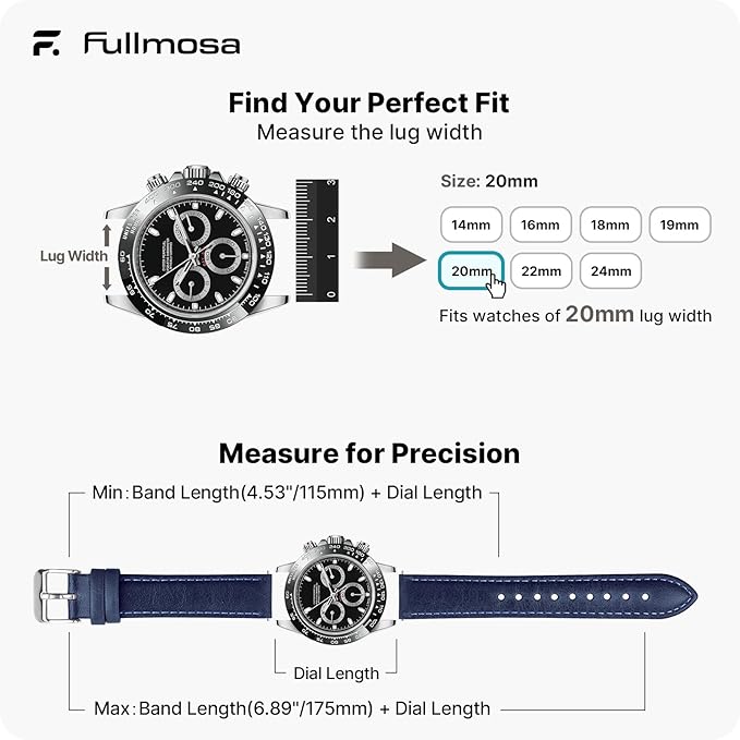 Fullmosa Watch Band, Quick Release Leather Watch Strap for Men Women, Replacement Bands Width 12mm 14mm 16mm 18mm 19mm 20mm 21mm 22mm 24mm