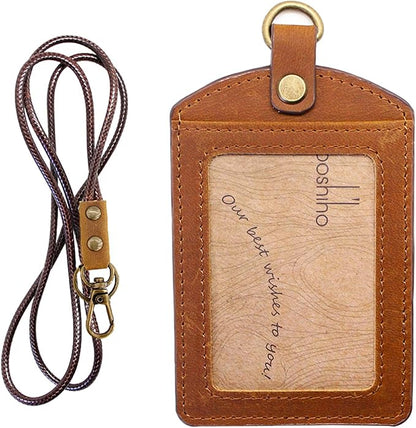 Badge Holder: Boshiho Cowhide Leather ID Badge Card Holder with 19" Neck Lanyard, Vertical Style (Light Brown)