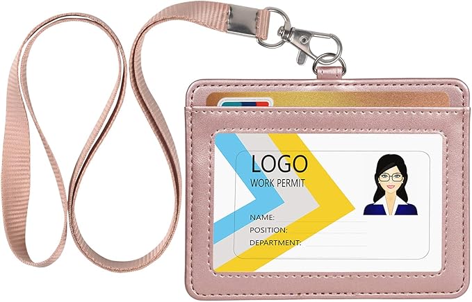 Teskyer Badge Holder with Lanyard, Leather ID Name Badge Card Holder with Lanyard for ID Badges, Horizontal Rose Gold