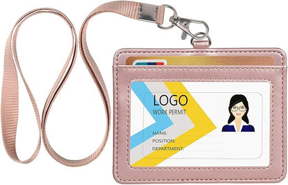 Teskyer Badge Holder with Lanyard, Leather ID Name Badge Card Holder with Lanyard for ID Badges, Horizontal Rose Gold